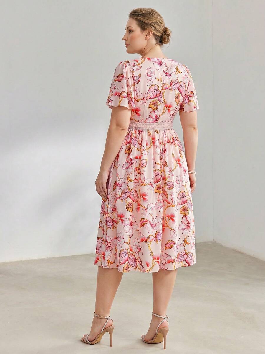 MOTF PREMIUM WOMEN'S PLUS V-NECK WAIST FLORAL PRINTED DRESS, SPRING/SUMMER - Pink - View 2