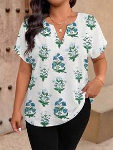 EMERY ROSE Plus Size Women's Casual Holiday Print Top, Spring/Summer Bohemian Style Vintage Top, Suitable For Ladies' Shirts Bussines Office Blue And White - Multicolor - View 1