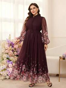Modelyn Plus Size Women Floral Print Mesh Patchwork Waist A-Line Romantic Vacation Elegant Maxi Dress, Long Sleeve Curve Elegant Romantic Maxi Dress - Multicolor - View 4