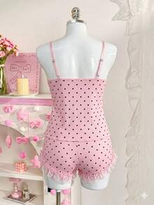 PetitDoll 2件套女士性感波点蕾丝荷叶边吊带背心内衣套装 - 粉色 - 查看 2