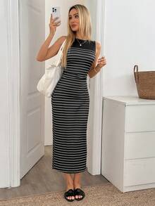 Easowa Đầm dài ôm sát không tay kẻ sọc dành cho nữ, mùa hè - Đen và trắng - Xem 8