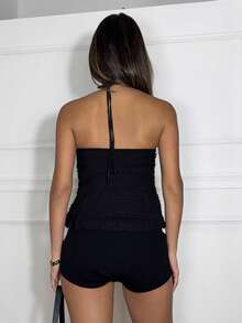 束口前扣領口吊帶上衣 - 黑色 - 查看 2