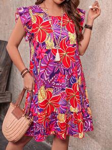 SHEIN Clasi Gaun Liburan Musim Panas Longgar Wanita Ukuran Besar dengan Leher Bulat dan Lengan Berkerut Motif Bunga - Purple - View 5