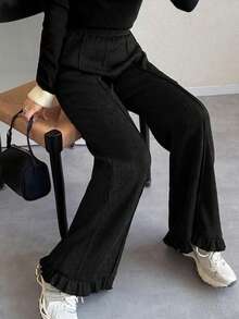 FRIFUL Women's Fashionable Versatile Textured Ruffle Hem Casual Pants - Black - View 4