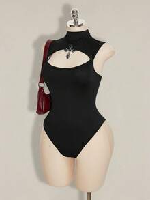 SHEIN ICON 大码女士性感纯色无袖镂空连体衣，夏季 - 黑色 - 查看 4