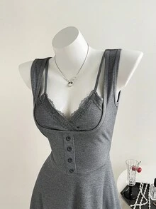 Vestido de verano ajustado sin mangas con parches de encaje de unicolor - Gris - Ver 5