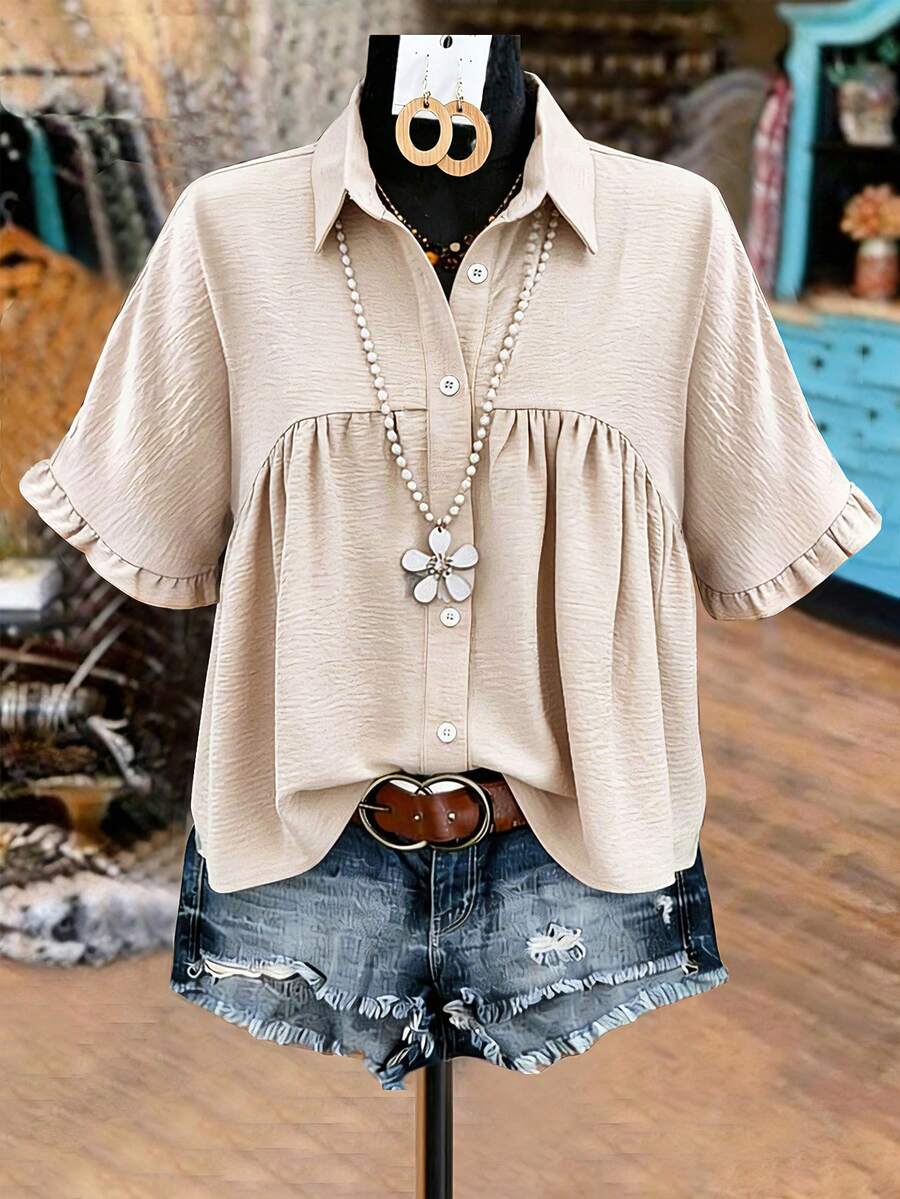 Áo sơ mi kiểu babydoll viền bèo nhún dành cho nữ cỡ lớn, áo sơ mi mùa hè, áo sơ mi vải lanh thường ngày. - Màu Khaki - Xem 1