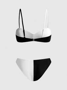 ROMWE Avant 2pcs Bikini Seksi dengan Warna Kontras, untuk Liburan Pantai Musim Panas - Hitam dan Putih - View 2