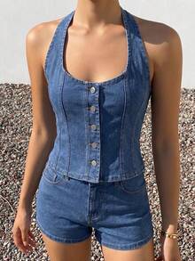 DAZY Bộ đồ denim nữ mùa hè kiểu dáng thường ngày: áo yếm cài nút phía trước và quần short denim. - Rửa nhẹ - Xem 7
