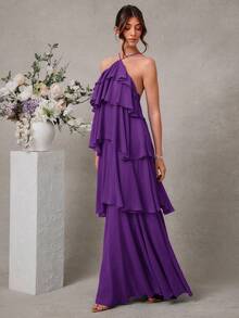 L'Amorae Elegant Romantic Wedding Guest Solid Halter Tiered Chiffon Maxi Dress - Purple - View 4