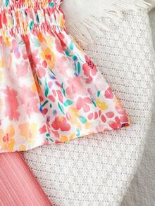 SHEIN Elladie kids 小女孩可爱花卉格纹印花吊带背心和阔腿纹理面料长裤套装，适合日常休闲和假日穿着。 - 藕粉色 - 查看 4