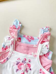SHEIN Playful Pals 3件装女婴荷叶边吊带连衣裙，条纹搭配彩色花卉和粉色图案连衣裙，甜美可爱，适合夏季、度假和玩耍。 - 彩色 - 查看 5