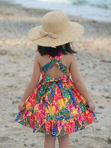 年轻女孩优雅简约无袖印花吊带连衣裙 - 彩色 - 查看 3