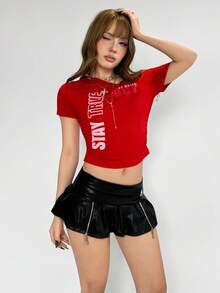INAWLY 女士 Y2K 复古不对称肩部红色印花休闲 T 恤 - 紅色 - 查看 5