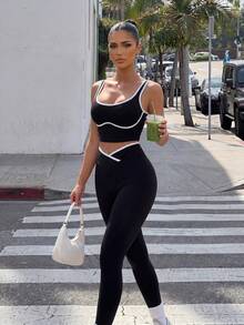 Sirith Women's Yoga Colorblock Seamless Sports Set Workout Legging Two Piece Set Athletic Two Piece Set Fitness Outfit Two Piece Workout Set Active Two Piece Set Black Two Piece Athletic Setworkout Set - Black - View 1
