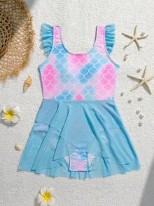 SHEIN Tween Girl Fish Scale Print Ruffle One-Piece Swimsuit, Suitable For Swimming, Summer Vacation, Beach, Pool, Party - Multicolor - View 1
