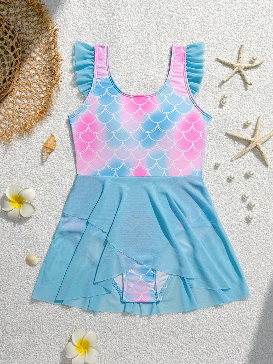 SHEIN Tween Girl Fish Scale Print Ruffle One-Piece Swimsuit, Suitable For Swimming, Summer Vacation, Beach, Pool, Party - Multicolor - View 1