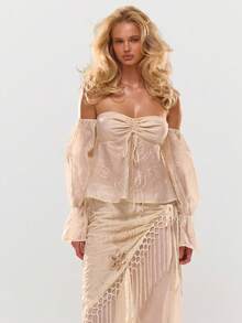 MUSERA Off-The-Shoulder Woven Ruching Floaty Top Summer Holiday Vacation Beach Ibiza Cute Festival Elegant Cherry Moon Mothers Day Luxury - Apricot - View 1