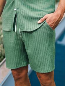 VENTUSAIL 男士纯色短袖单排扣衬衫和短裤休闲套装 - 綠色 - 查看 6