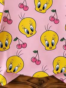 LOONEY TUNES X SHEIN GraphicGems 女婴可爱卡通印花圆领短袖上衣 - 玫紅色 - 查看 5