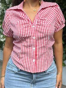 NegzBox Women's Vintage Red And White Pleated Short Sleeve Blouse, Slimming Design, Spring/Summer - Red and White - View 5