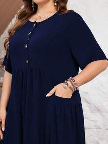 Lacomfia Women's Short Sleeve Loose Elegant Comfortable Minimalist Plus Size Dress With Pockets - Navy Blue - View 3