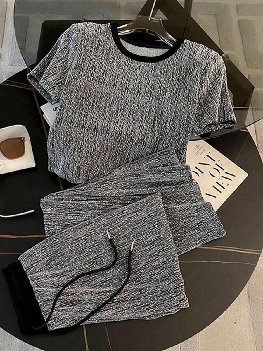 Women's Casual Silver-Tone Printed Fitted Raglan Sleeve T-Shirt + Side Pocket Long Pants, Summer - Black - View 1