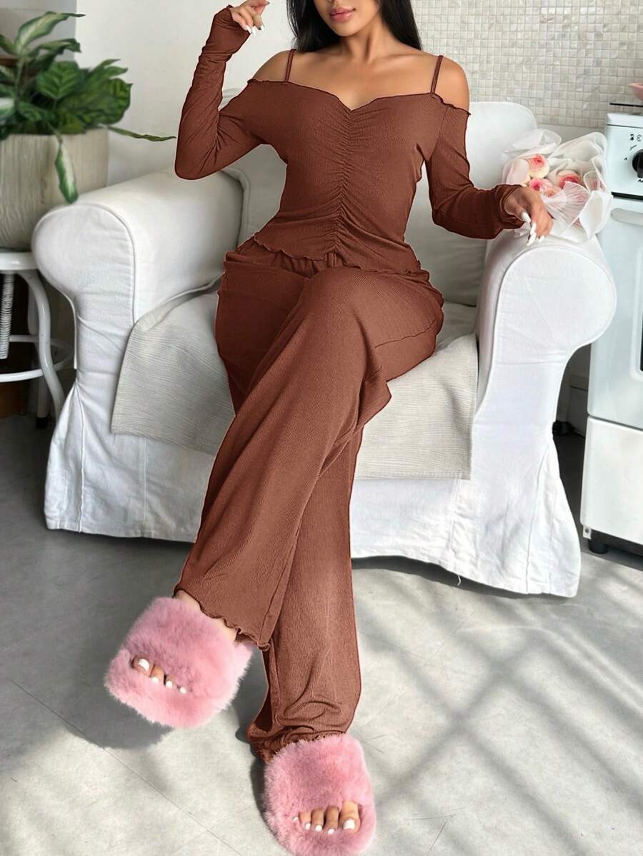SHEIN 性感露肩酒红色针织家居服套装(女士款) - 鏽棕色 - 查看 1