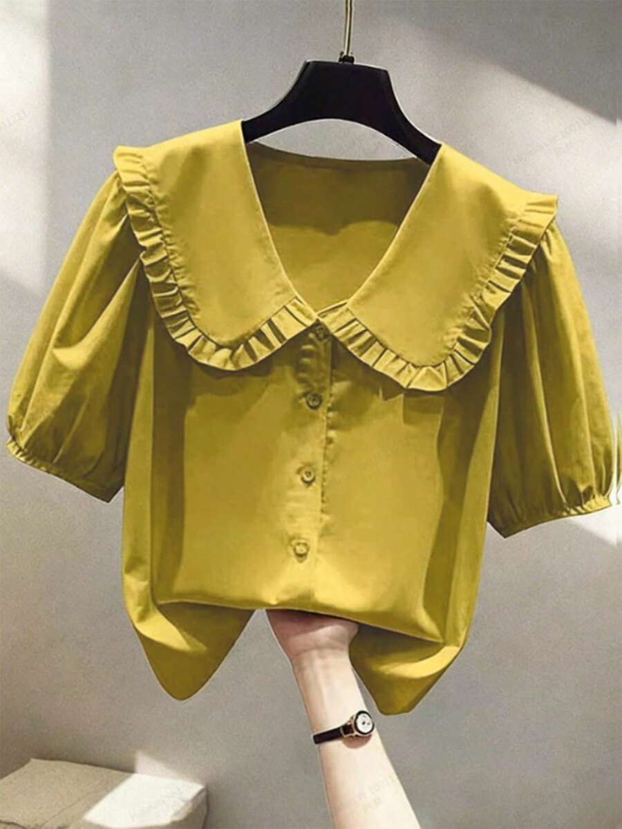 SHEIN LUNE 時尚休閒百搭彼得潘領泡泡袖單排扣寬鬆女款襯衫 - 芥末黃 - 查看 1
