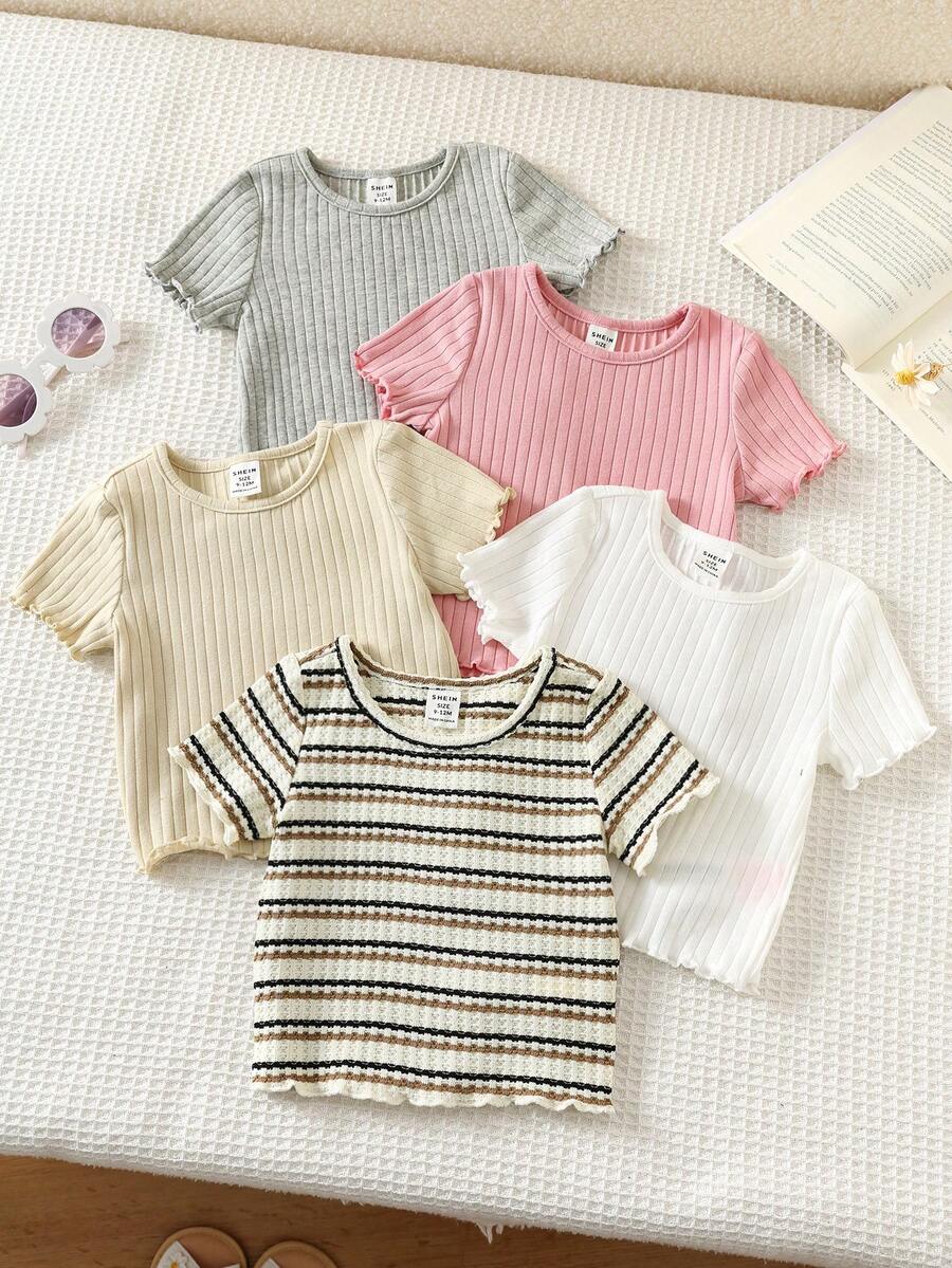 SHEIN Set de 5 piezas de blusas de manga corta con volantes en el bajo, de unicolor acanalado, para niña en verano