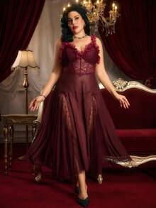 PinupPomp Maroon Mesh Plus Size Sleeveless Semi-Sheer Midi Nightgown With Ruffle Detailing Plus Size Nightgown Plus Size Lingerie Dress Plus Size Night Dress Plus Size Gown - Maroon - View 1