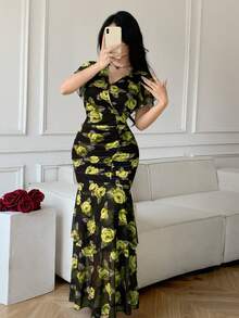 Celisse Vestido ceñido de mujer con cuello en V, plisado y estampado - Amarillo - Ver 8