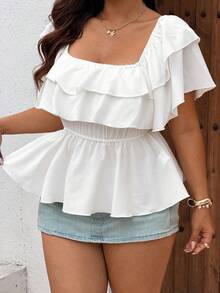 Sunnyshic Plus Size Women Ruffle Sleeve Cinched Waist Blouse - White - View 5