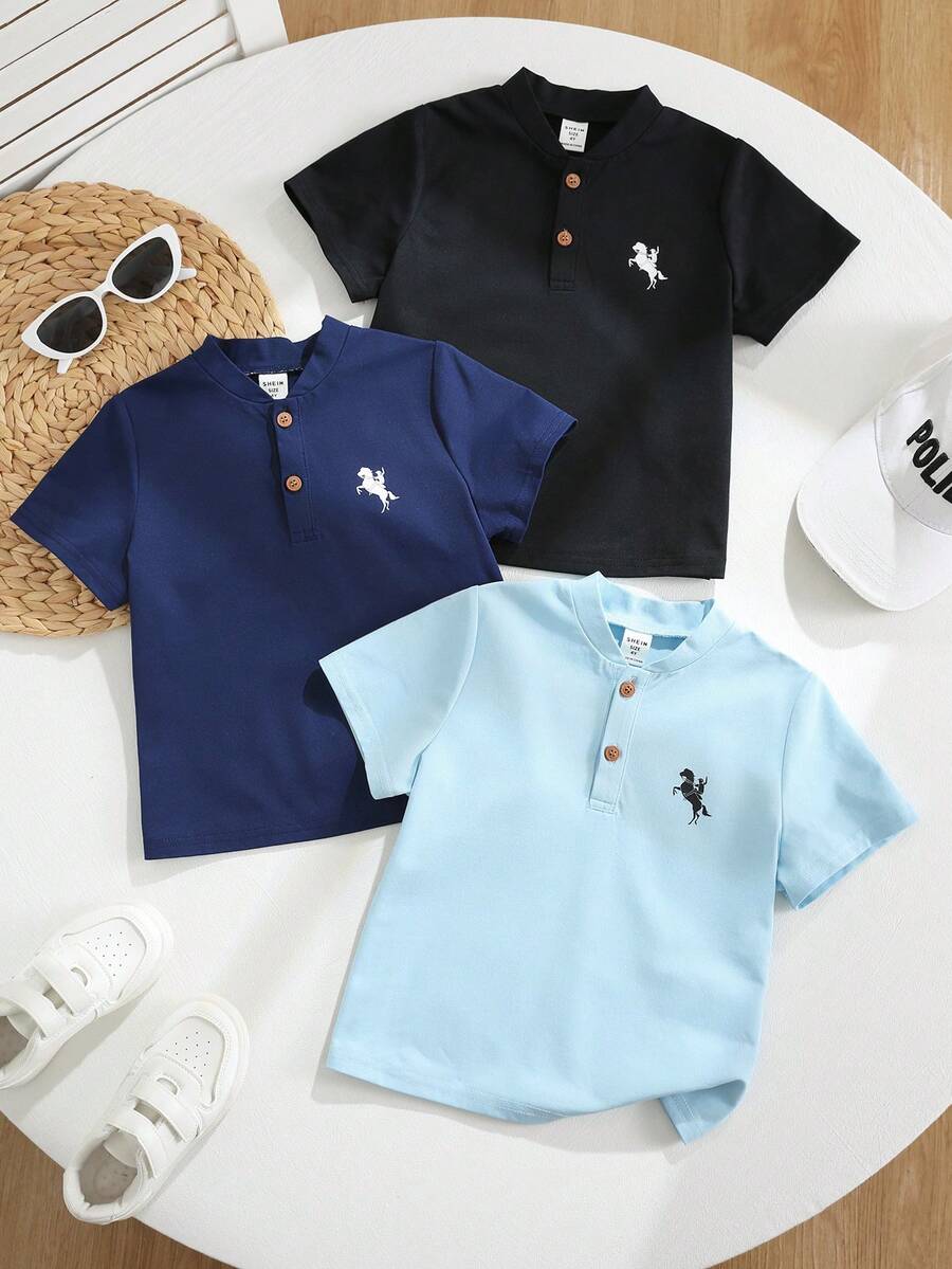 SHEIN Bộ 3 áo polo tay ngắn in hình hiệp sĩ dành cho bé trai, kiểu dáng thường ngày, đa năng. - Nhiều màu - Xem 1