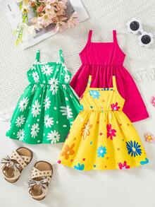 SHEIN Newborn Baby Girl Summer Maroon Butter Yellow Floral Print Strap Dress 3-Piece Set, Comfortable Cute Outfit, Great Gift Cute - Multicolor - View 2