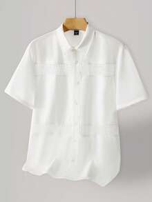 Manfinity Homme Men's Summer Casual Lace Patchwork Short Sleeve Formal Shirt, Ceremony - White - View 6