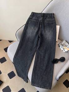 SHEIN 少女宽松版型破洞牛仔裤，柔软棉质，休闲时尚，百搭舒适，适合日常穿着，简约设计，松紧腰带，侧缝细节，复古水洗深蓝色直筒牛仔裤，适合休闲、度假、日常穿着。 - 黑色 - 查看 4