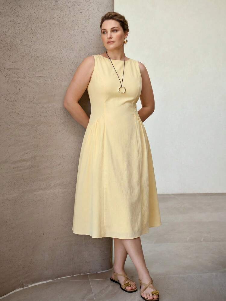 PLUS SIZE ELEGANT SOLID COLOR ROUND NECK SLEEVELESS DRESS, SUMMER