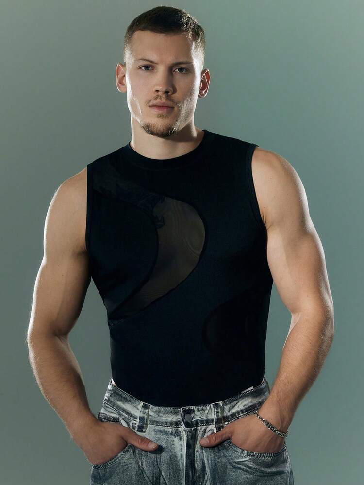 FeverCity Men's Solid Color Mesh Patchwork Sexy Bodysuit | SHEIN USA