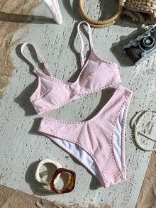 Swim Mod Women's Spring/Summer Jacquard Fabric Spaghetti Strap High Cut Shell Crochet Trim Bikini Set - Pink - View 2