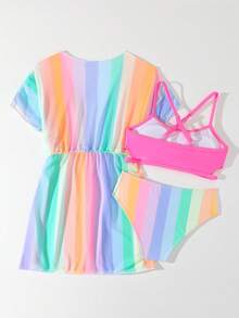 Bộ đồ bơi tách biệt 3 món Tween Girl, bao gồm áo có dây đeo màu hồng, quần bơi nhiều màu sắc và áo che đậy, thích hợp cho kỳ nghỉ ở bãi biển, bơi lội và lướt sóng, phong cách dễ thương ngọt ngào và giản dị, chất liệu thoải mái - Hồng - Xem 2