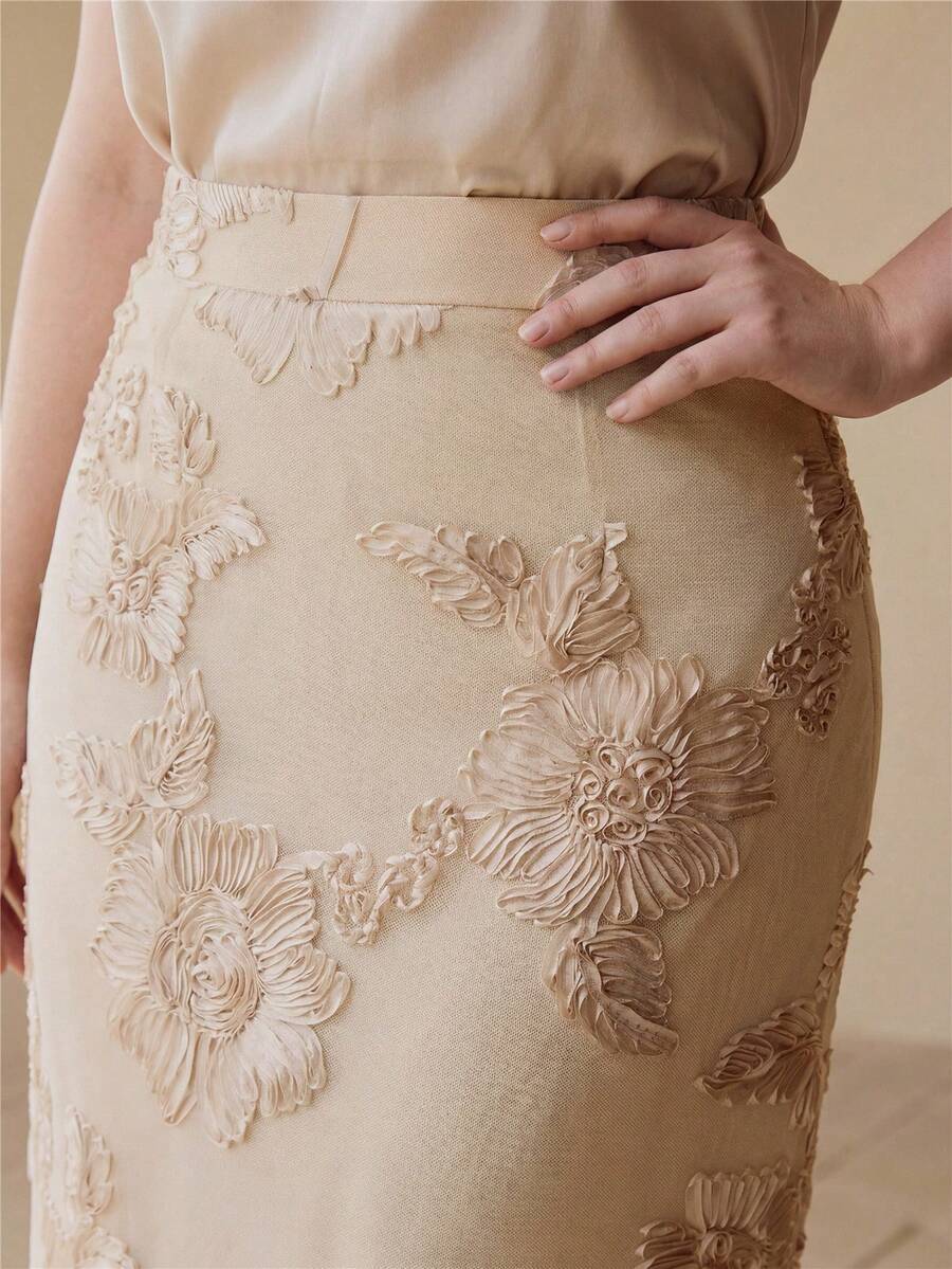 MOTF PREMIUM CHÂN VÁY NGẮN THÊU CO GIÃN DÀNH CHO NỮ CỠ LỚN, MÙA XUÂN/HÈ - Màu Khaki - Xem 1