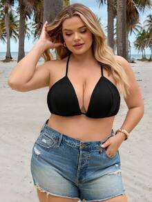 SHEIN CURVE+ 两件套加大码女士雪纺三角杯系带背心，适合女性、海滩度假和沙滩装穿着。 - 黑色 - 查看 7