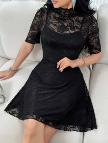 Feyla Women's Lace Collar Short Sleeve Elegant Mini Dress - Black - View 1
