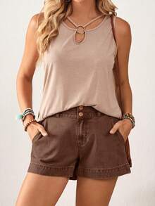 EMERY ROSE Women's Retro Solid Color Loose Fit Belted Straight Leg Denim Shorts, Summer - Coffee Brown - View 3