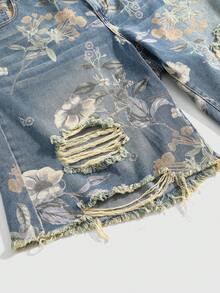 ROMWE Fairycore Quần jeans nữ ống rộng dáng suông, in họa tiết hoa cổ điển, đã qua xử lý giặt, dáng lửng. - Màu xanh lam - Xem 3