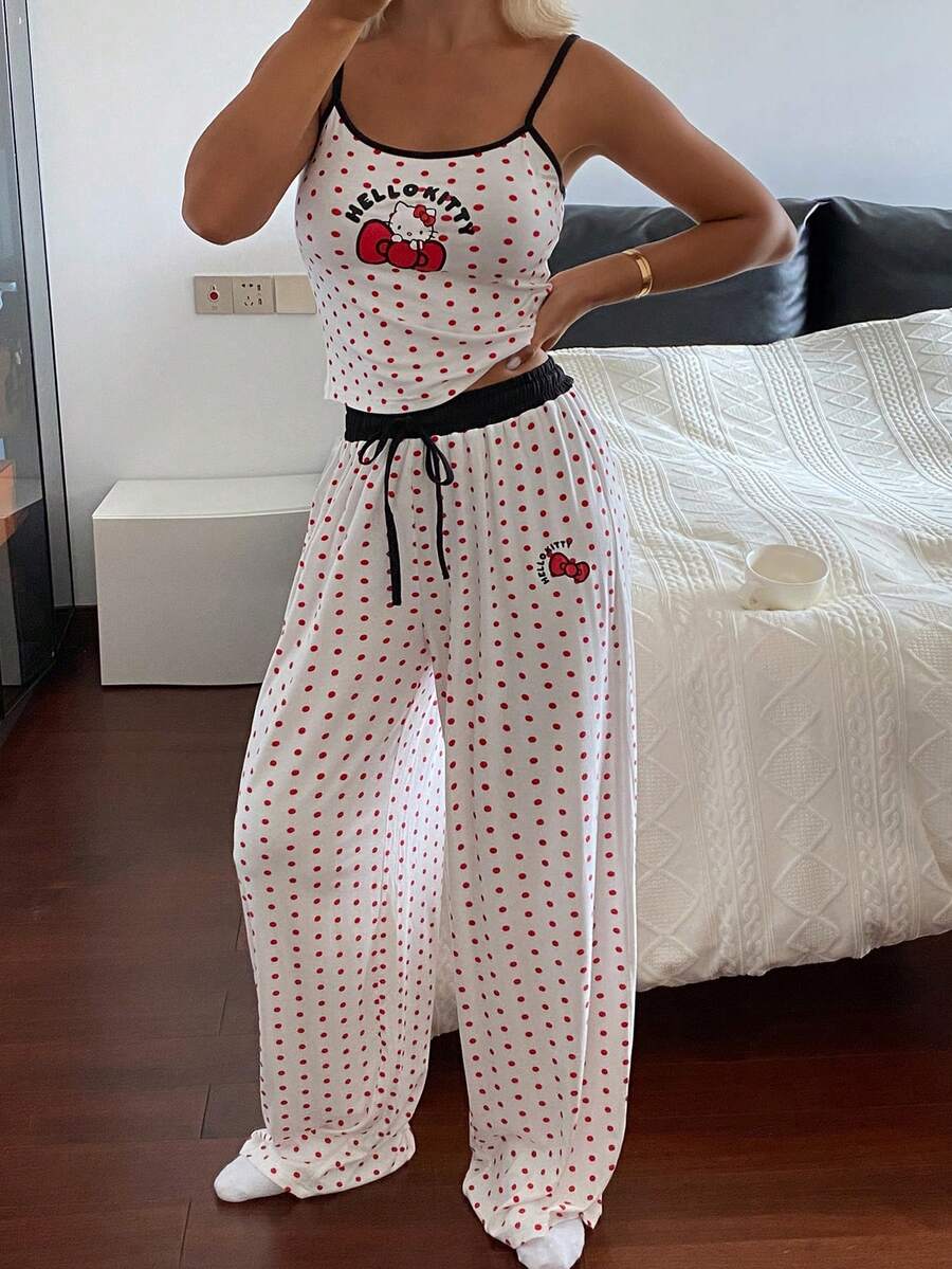 HELLO KITTY | DAZY Summer Cute Polka Dot Print Contrast Trim Camisole And Drawstring Waist Pants Pajama Set - Red and White - View 1
