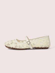 CUCCOO DOLLMOD Women's Shoes Fashion Round Toe Flower Embroidery Word With Mary Jane Flats Cute And Sweet Spring Shoes - Sakura Apricot - View 2