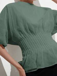 Aveloria Modichic Women's Organza Textured Fabric Fitted And Flared Blouse,Wide Pleated Waist Drop Shoulder Half Sleeve Peplum Hem Pastal Summer Elegant Sexy Golf - Green - View 2