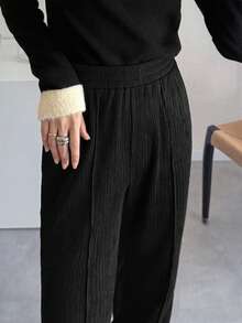 FRIFUL Women's Fashionable Versatile Textured Ruffle Hem Casual Pants - Black - View 3